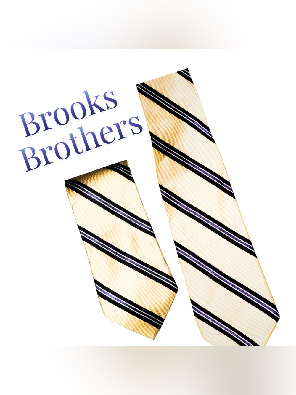 Brooks Brothers Makers 100% Silk Yellow Navy Stripe - Woven Italy Made USA 34”‎